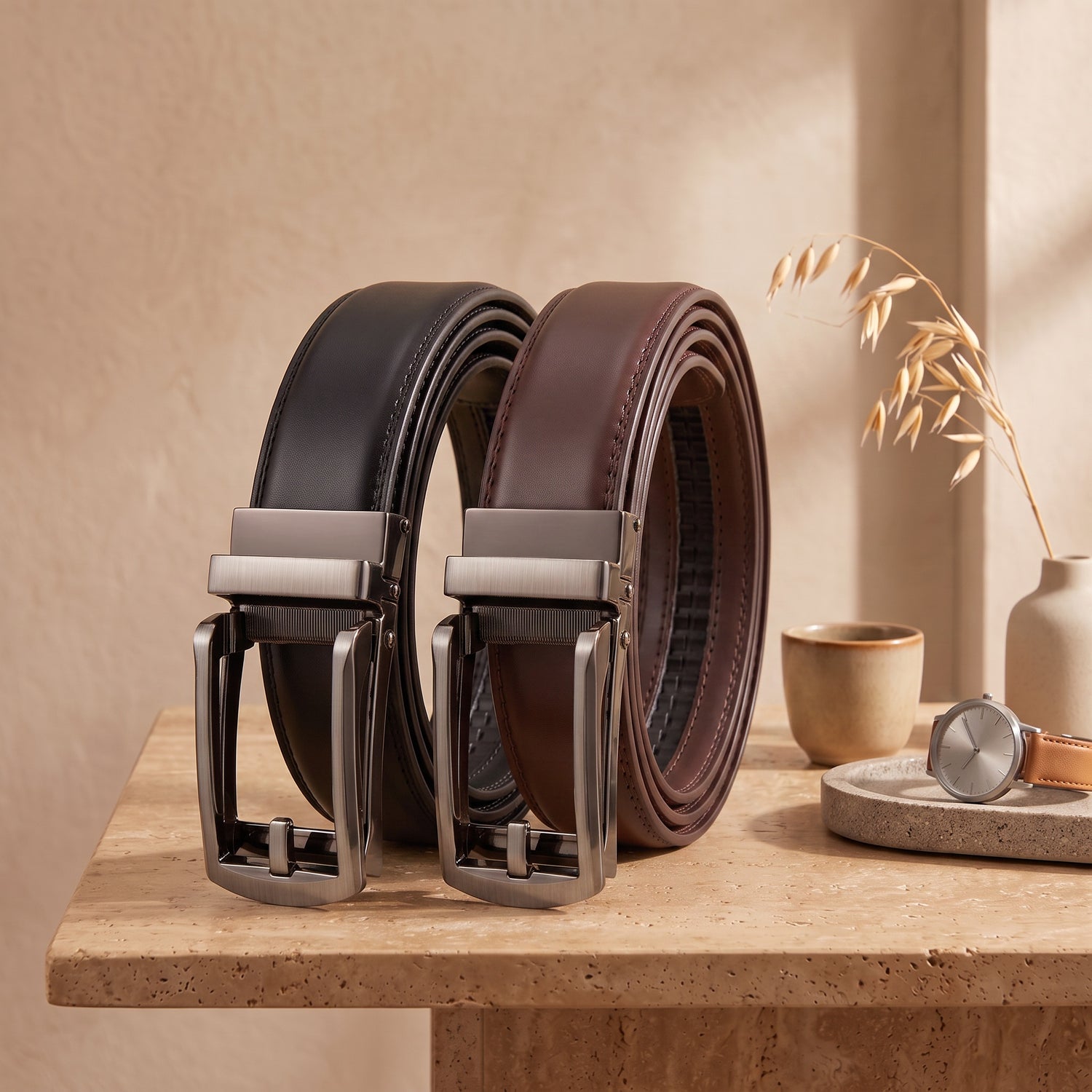 REVELBELT Set Schwarz und Braun lochlose Herrenguertel
